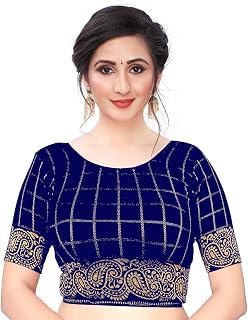 Women's Stitched Elbow Length Sleeves Lycra Jaquard Work Cotton Saree Blouse Gold-Print Stretchable Lehanga Choli Blouse Crop Top for Wedding Festival