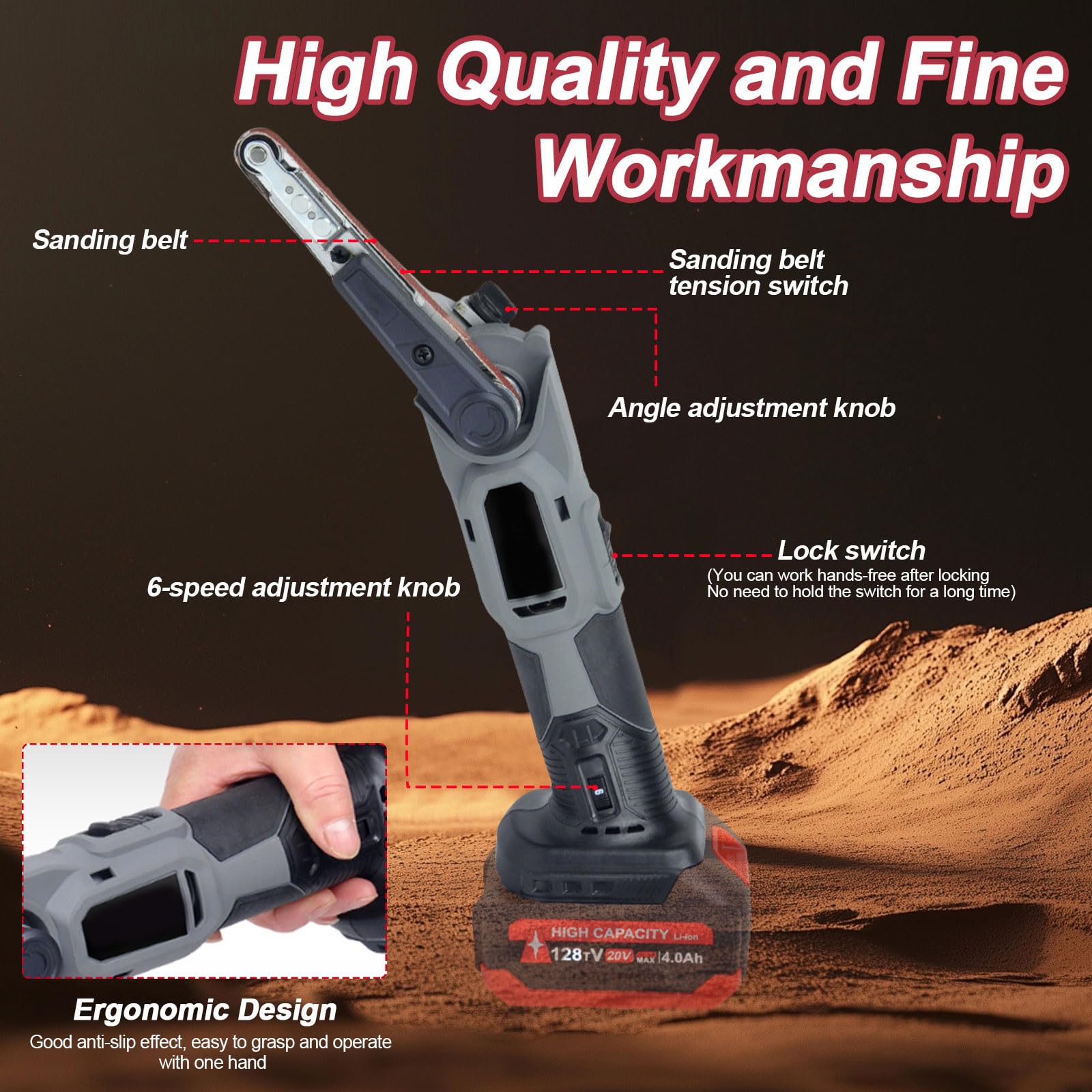 Akku Bandschleifer kompatibel mit Makita 18V, Elektrische Fingerschleifer Feile 10x330mm, Multischleifer Bandfeile mit 3 Schleifbändern, 6 Geschwindigkeiten, 35° Einstellbare (ohne Akku)