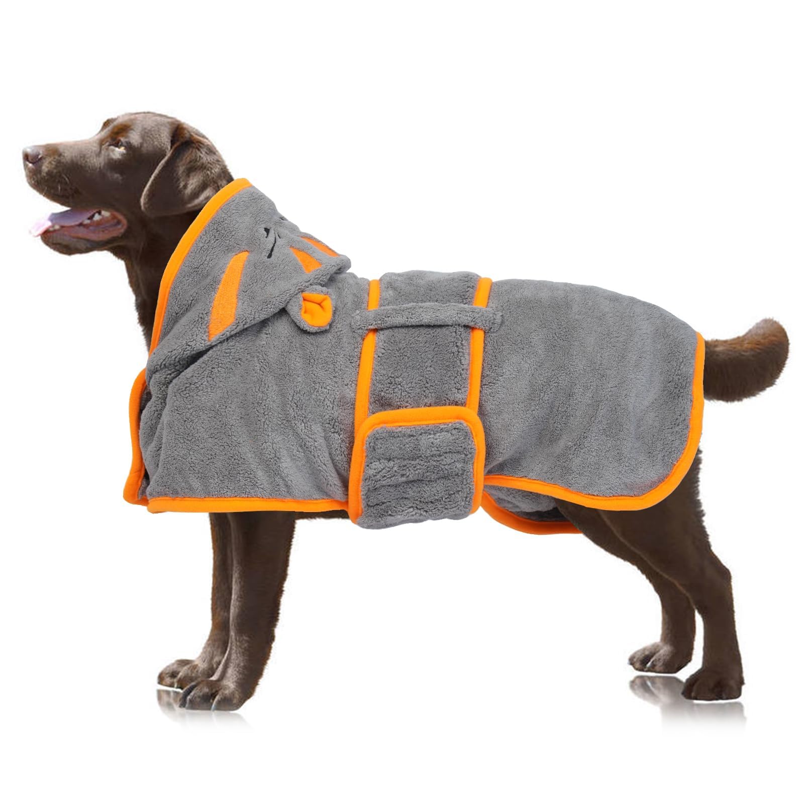 Hundetrocknungsmantel, Hundemantel zum Trocknen von Hunden, graue Hundetücher für große Hunde, Mikrofaser Hunderobe mit Kapuze, verstellbare Bauchgurte für Golden Retriever, Labrador 2XL