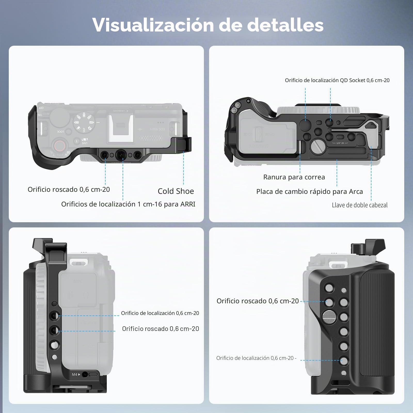 SmallRig R50 V - Jaula para Canon R50V, agarre ergonómico de silicona, placa QR para Arca, orificio roscado 1/4"-20, orificios 3/8"-16 para ARRI, Cold Shoe, QD