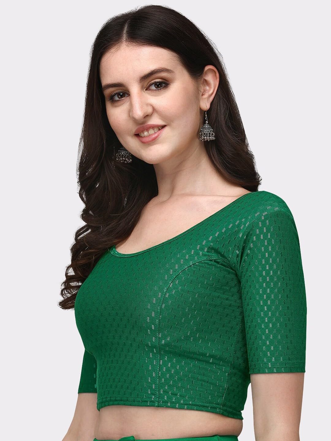 arya enterprise Plain Solid Round Neck Dobby Cotton Lycra Stretchable Elbow Half Sleeve Readymade Saree Blouse for Women Stylish Green Size 30"-picture-29