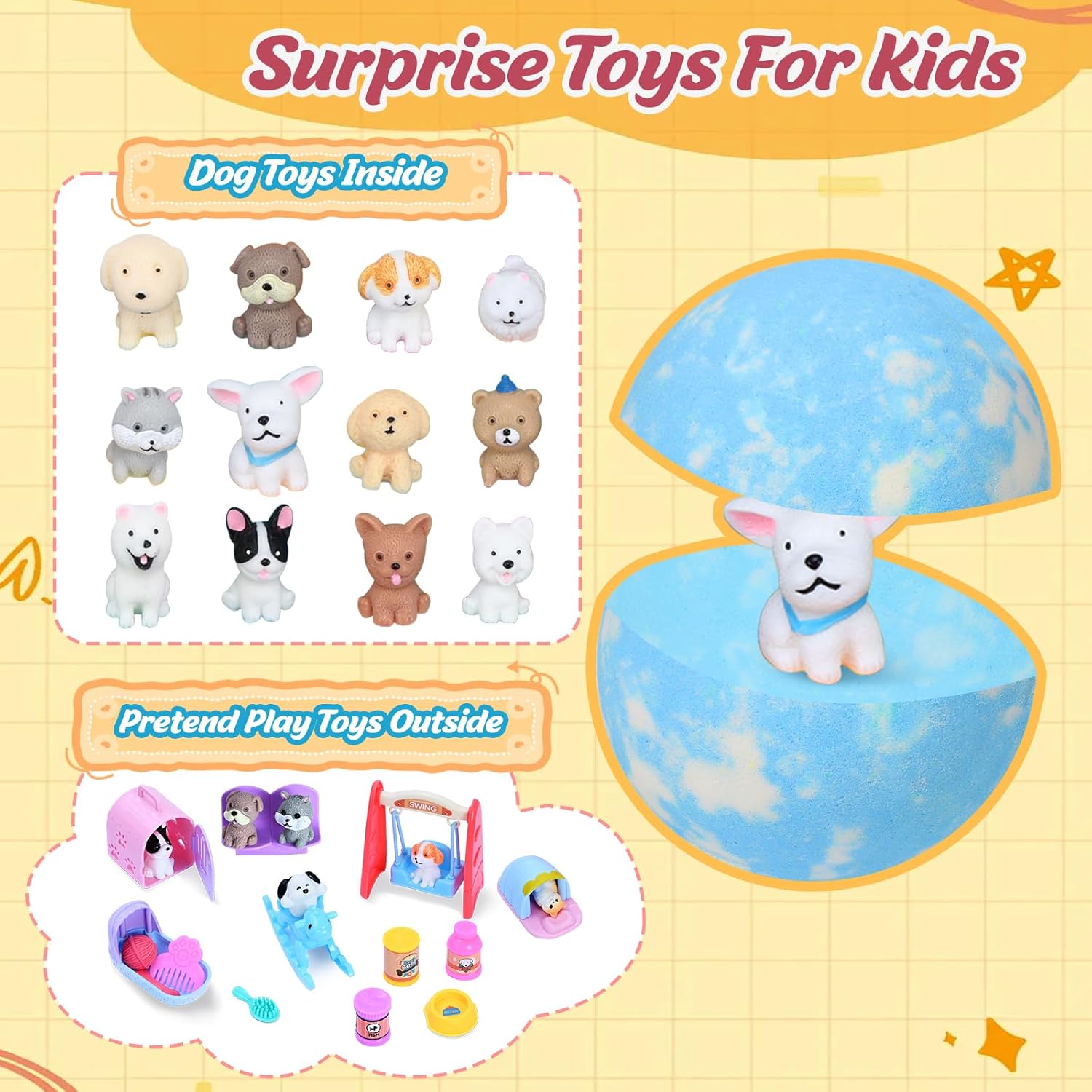Bath Bombs for Kids with Surprise Toys Inside, 12 Pack Kids Bath Bombs with Puppy Dolls & Dog Pretend Playset, Easter Birthday Gifts for Girls Boys, Handmade Bubble Bath Fizzies Ball Gift Set