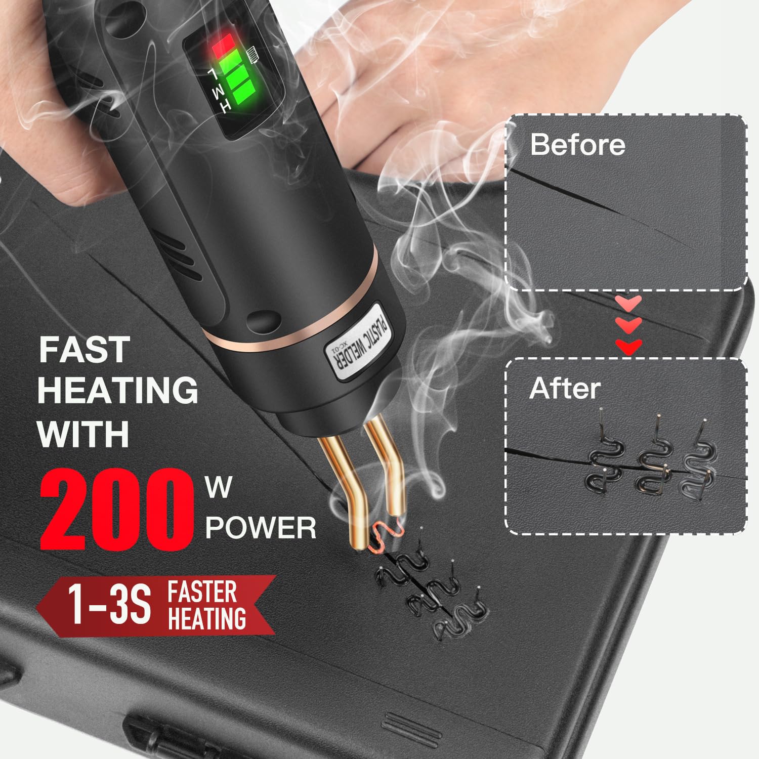 Saldatrice plastica da 200 W, set di riparazione plastica con 800 pezzi | ﻿ 5000 mAh, USB ricaricabile, saldatura senza fili, kit di riparazione paraurti, kayak/canoa