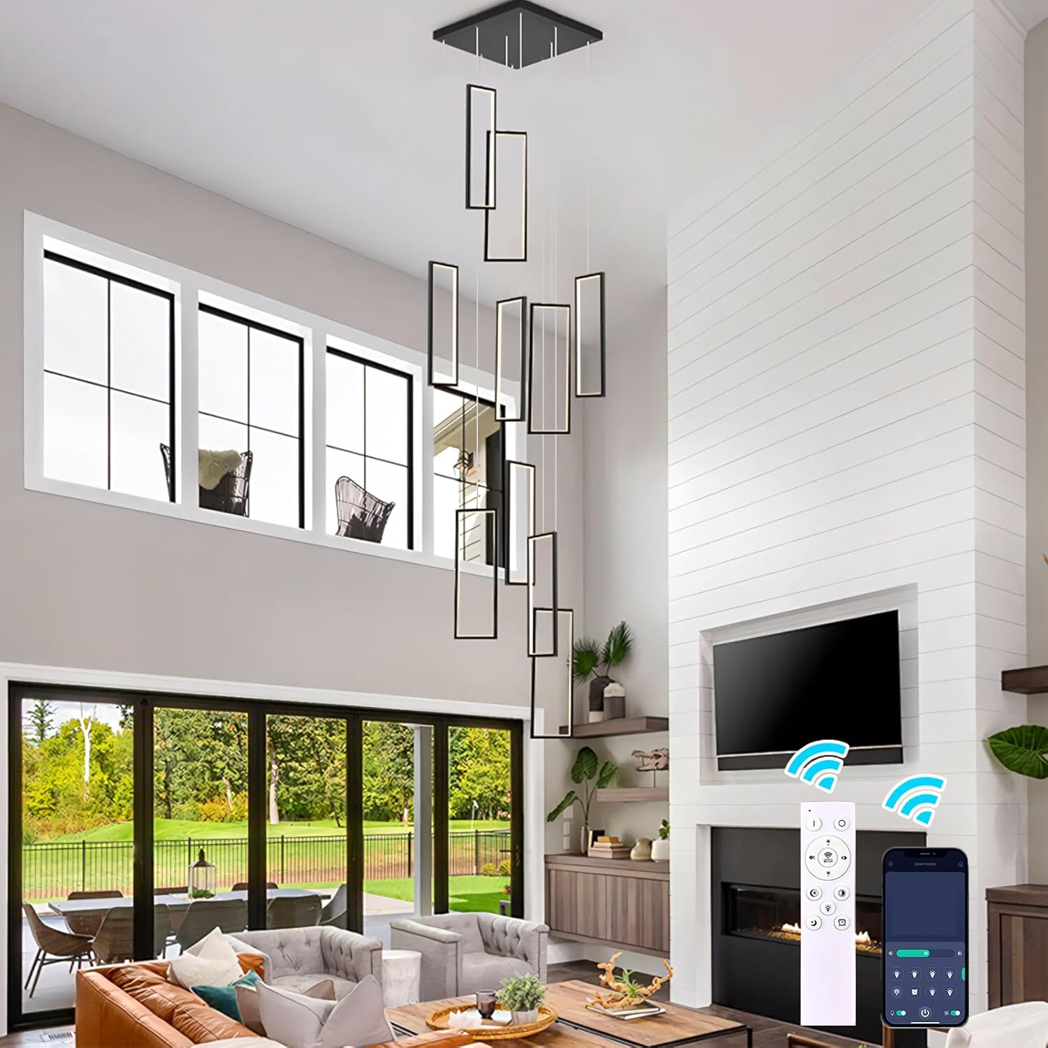GEADI Modern Foyer Chandelier for High Ceilings,10 Rectangle Dimmable Led High Ceiling Chandelier with Remote Control,Black Large Staircase Pendant Light Fixture for Entryway（3000-6500K）