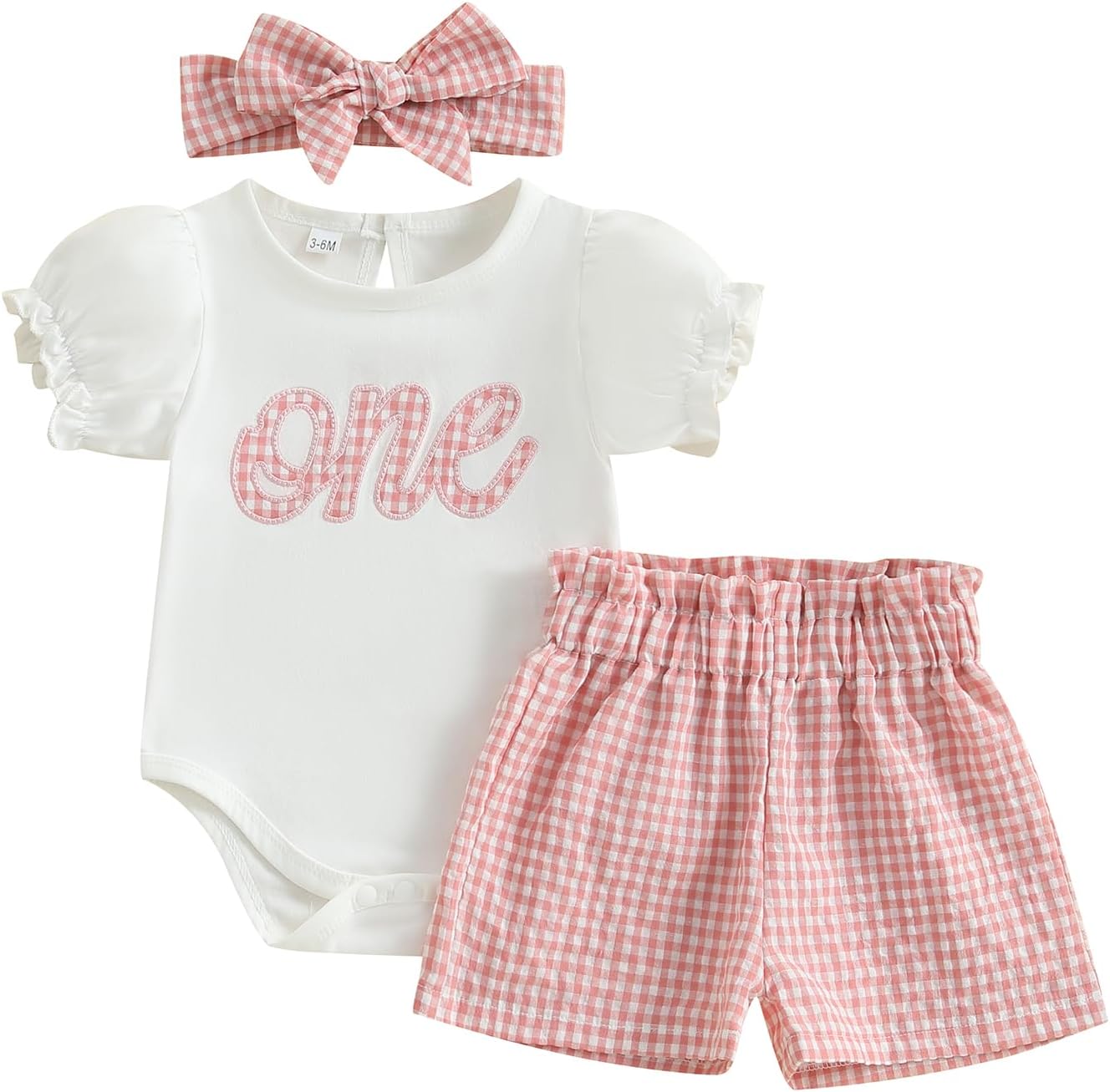Amiblvowa Baby Girl One 1st Birthday Outfit Short Sleeve Romper Plaid Gingham Shorts Set First 1 Year Old Smash Cake Clothes