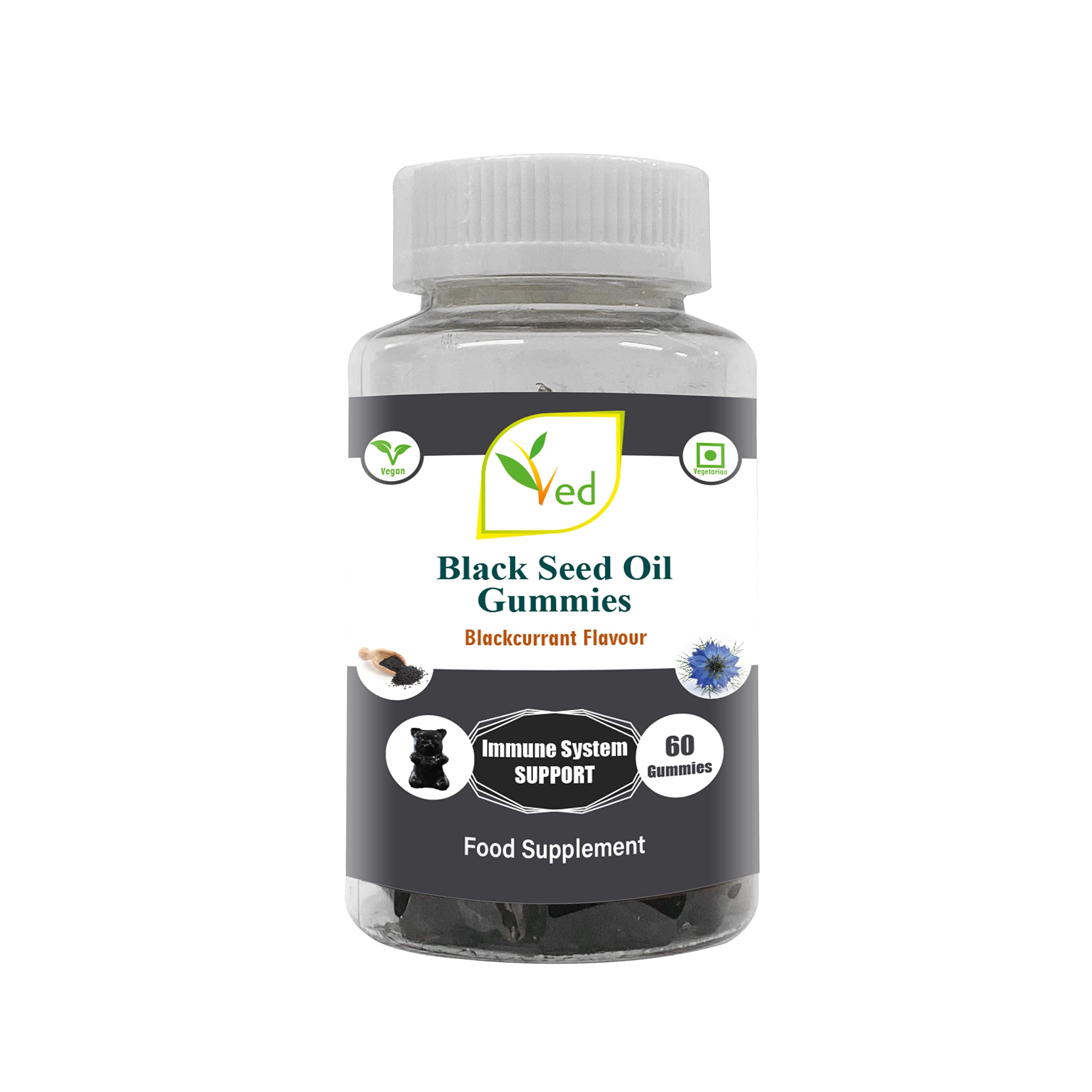 Ved Black Seed Oil Gummies with Blackcurrant Flavour, Raw Unfiltered Black Seed Oil Gummies with Mother Culture, Vegan Health Supplement for Men and Women- 60 Chews 30 Days’ Supply.