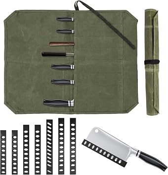 7 Slot Knife Roll Bag for Chefs, Waxed Canvas Knife Case with Knife Guard