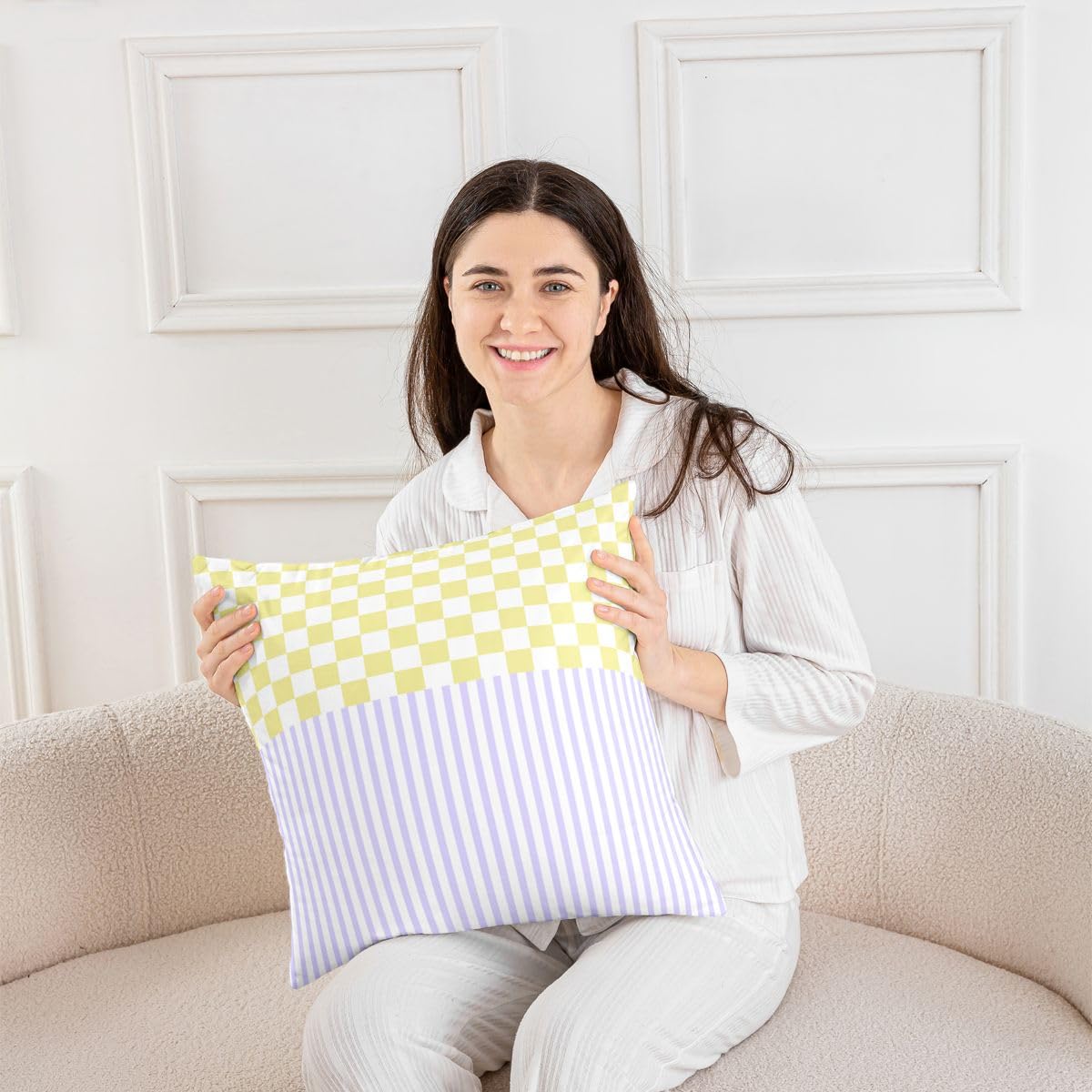 Homewish Poszewka na poduszkę w fioletowe paski, 4 sztuki, 20 x 50 cm, żółta, w kratkę, teksturowane paski, luksusowa dekoracyjna poszewka na poduszkę