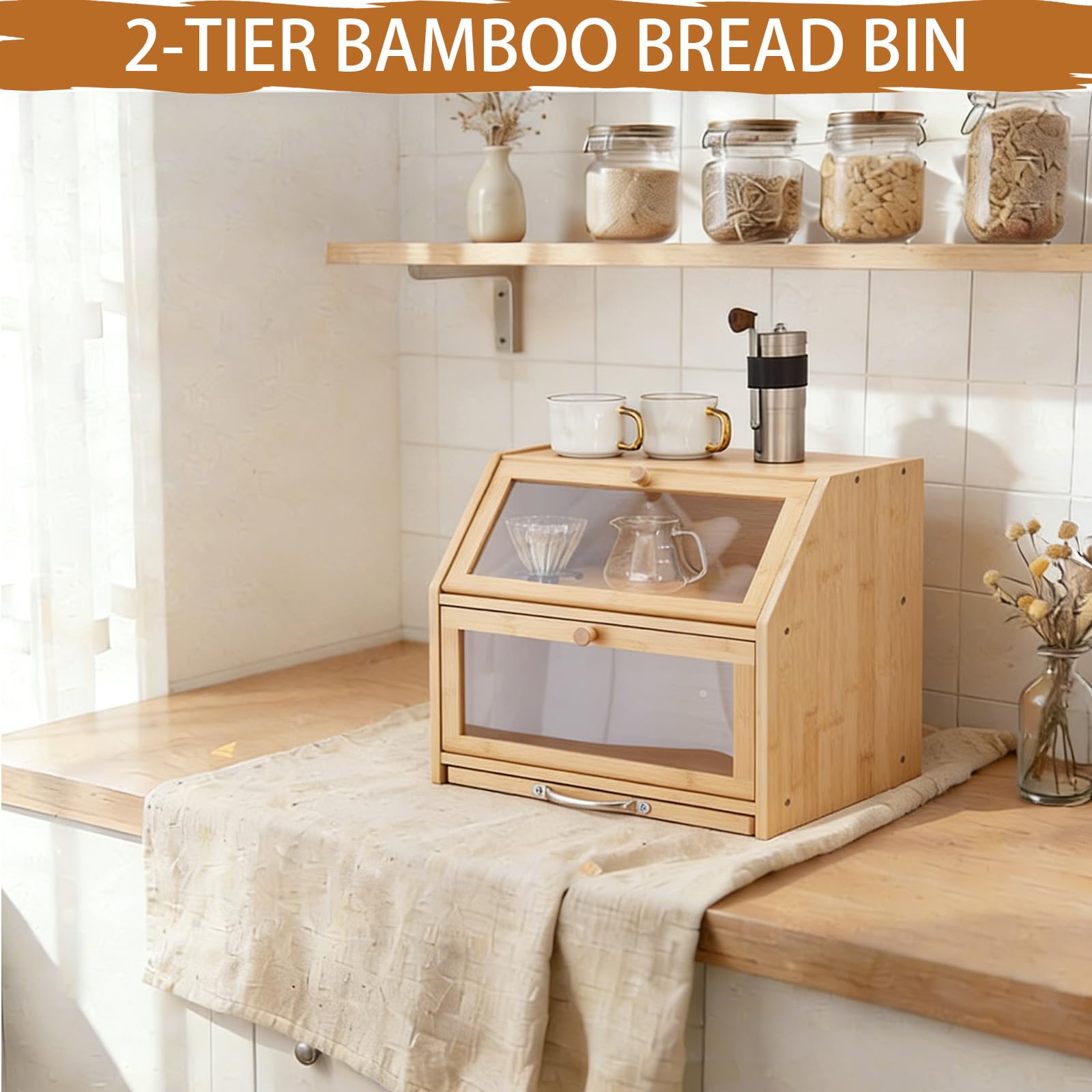 Dwupoziomowy chlebak bambusowy z deską do krojenia, akrylowym okienkiem otwieranym od przodu, oszczędzający miejsce w kuchni-Natural-A||L42xW25xH40cm-with Knife Only