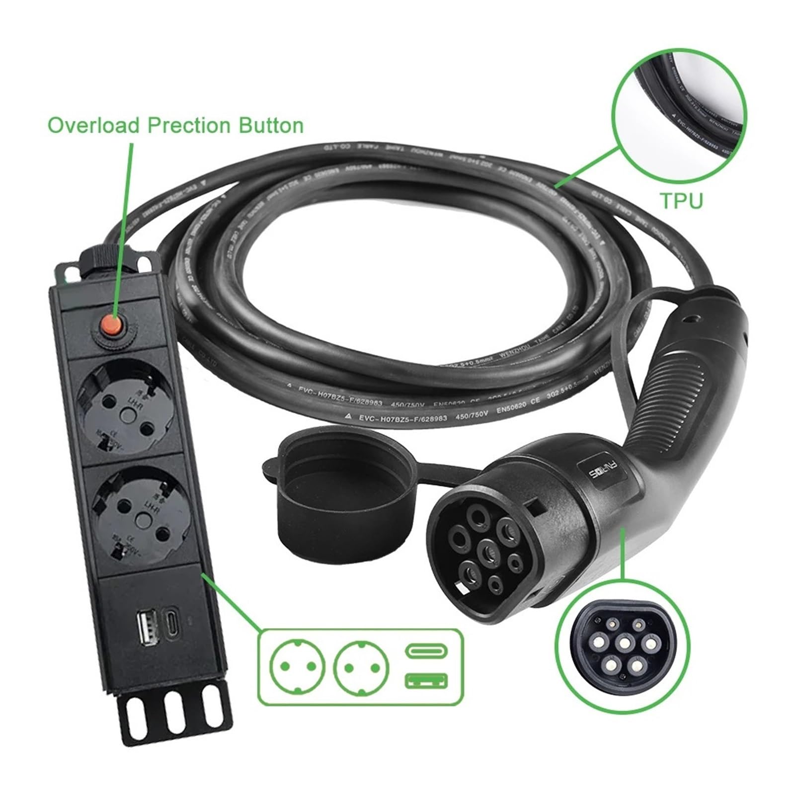 Descarga Lateral del Coche Eléctrico For La Estación De Carga Cable Cargador Type2 16A EV Recarga Segura
