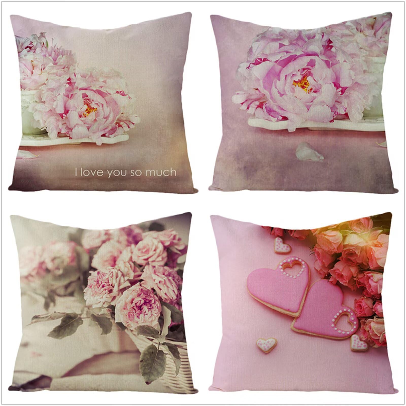 Fundas Cojines 70x70cm,Juego de 4 Fundas de Cojines Modernas Terciopelo Decorativa Hogar Almohadas Fundas para Sala Sofá Cama Decoración para Hogar Corazón de Flor Rosa