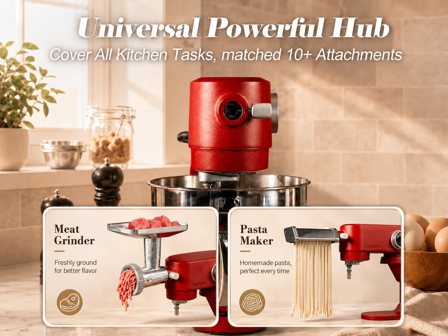 Robot de cocina, amasadora para masa de pan, carcasa de metal, 8 niveles con temporizador, cuenco de 5 L, 4 cabezales de acero inoxidable (RED)