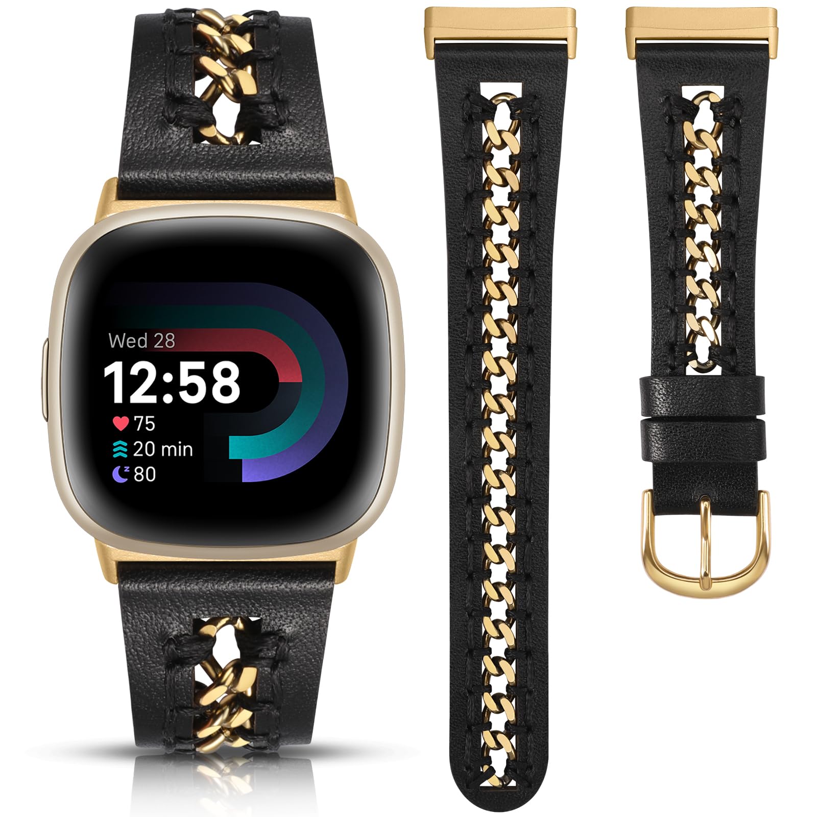 Minyee Leather Band Compatible with Fitbit Versa 4/3/Fitbit Sense 2/1 Bands Women, Dressy Premium Leather Designer Strap with Stainless Steel Metal