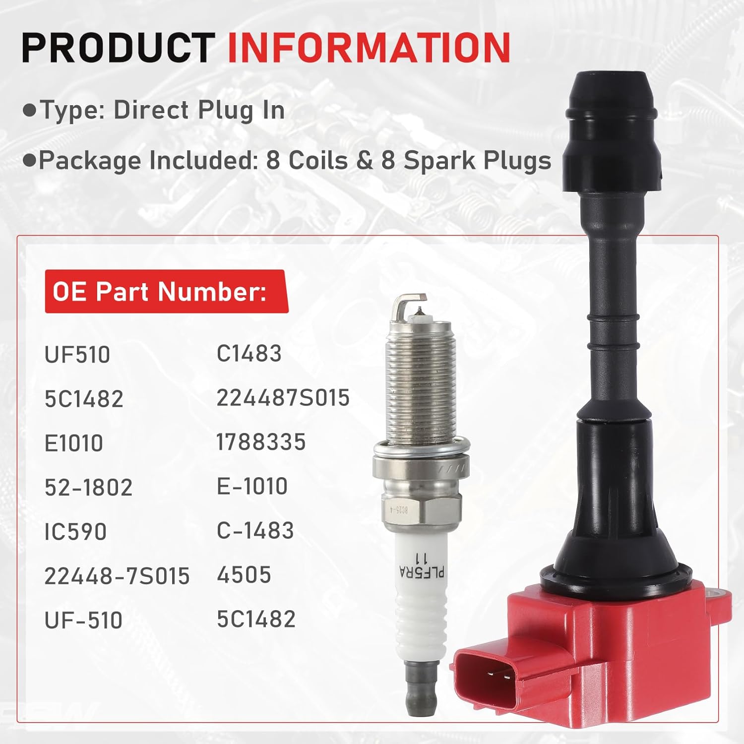CarBole UF510 E1010 Ignition Coils Spark Plugs Set Replacement for Nissan QX56, Infiniti Titan Armada Pathfinder NV2500 NV3500