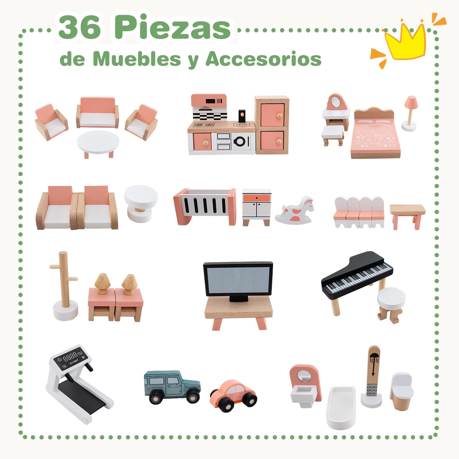 COSTWAY Casa de Muñecas Esquinera de Madera, Casita Infantil con Techo Verde con 36 Muebles y Accesorios, Casa de Ensueño con 3 Pisos, 6 Habitaciones, Balcones y Garaje, para Niños de 3+ Años