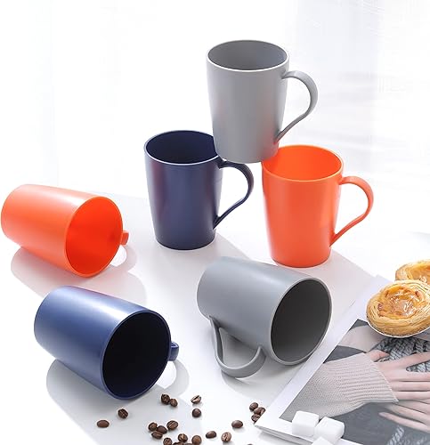Miniatura 3 de Juego de 6 tazas de café irrompibles de 12 onzas con asa, 3 colores básicos, tazas de plástico reutilizables aptas para lavavajillas