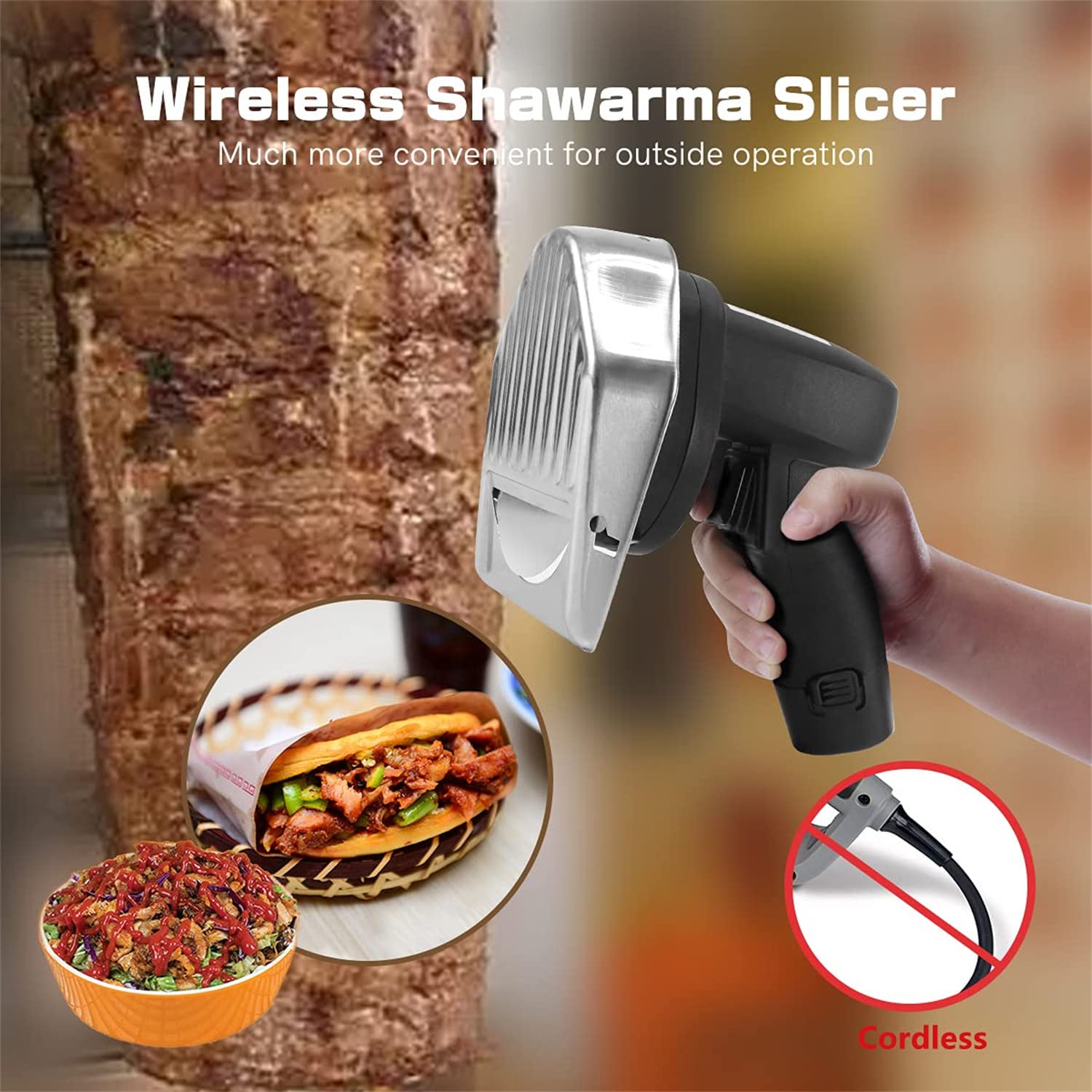 Affettatrice elettrica per carne, spessore regolabile, senza fili, in acciaio inox di grado commerciale, 80 W, 2 lame, senza fili, ideale per kebab doner e altre carni