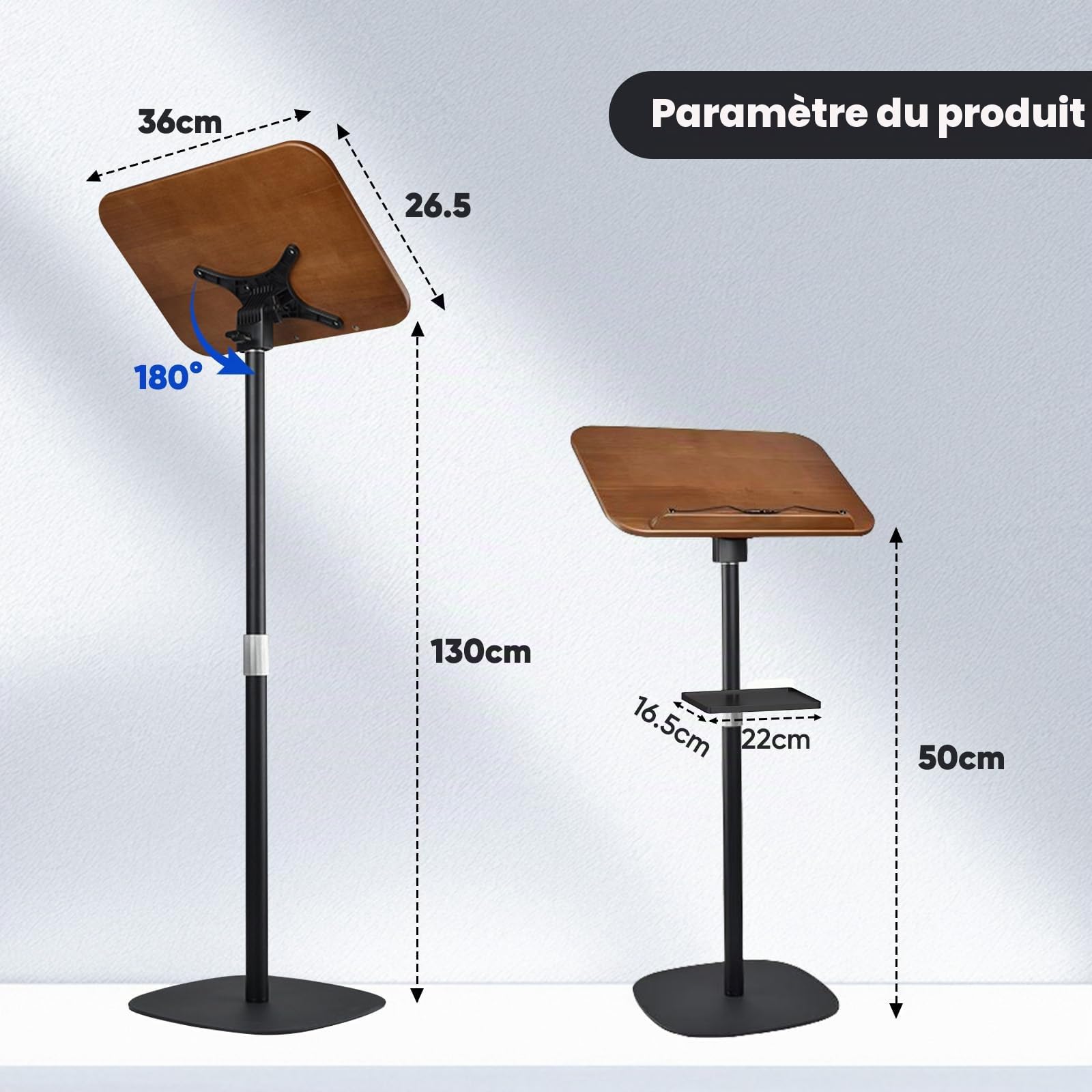Support de Livre Réglable 50-130cm avec Plateau Multifonction,Support Livre pour Livre, Ordinateur Portable, Projecteur, recettes,Stable et Antidérapant