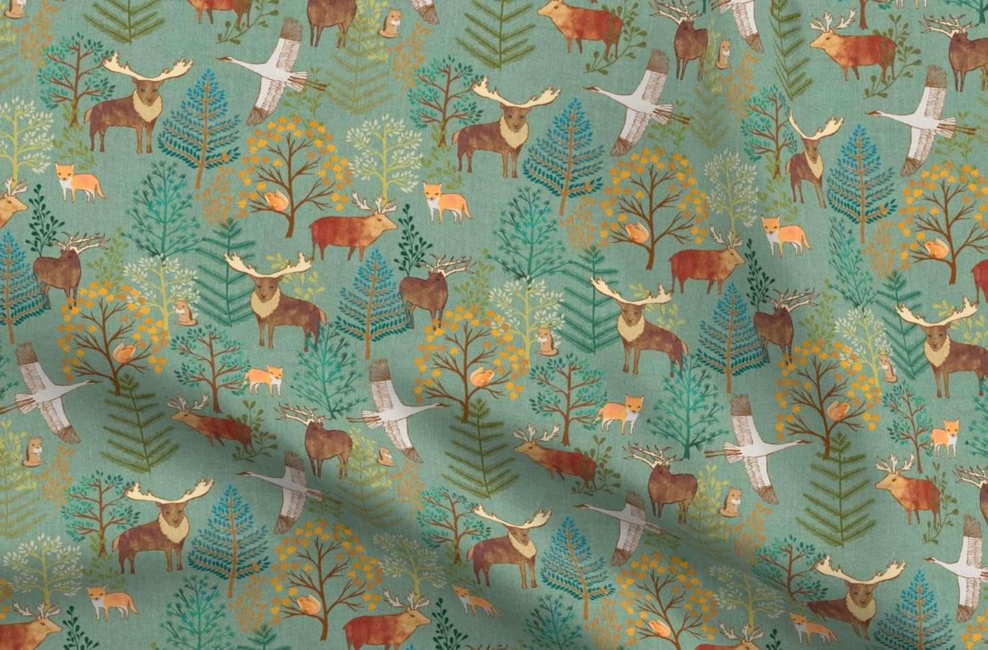 Spoonflower Fabric - Wild Forest Squirrels Pine Maple Cranes Wildlife Foxes Printed on Organic Cotton Sateen Fabric by The Yard - Sewing Quilting Apparel Home Decor