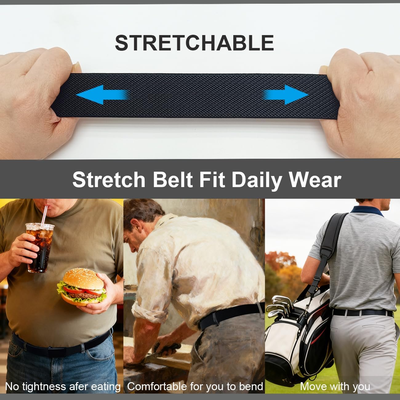 1.3” Men’s Stretch Belt, 2-Pack Flip-top Metal Buckle Golf Belt, Elastic Nylon Web Belt - Image 3