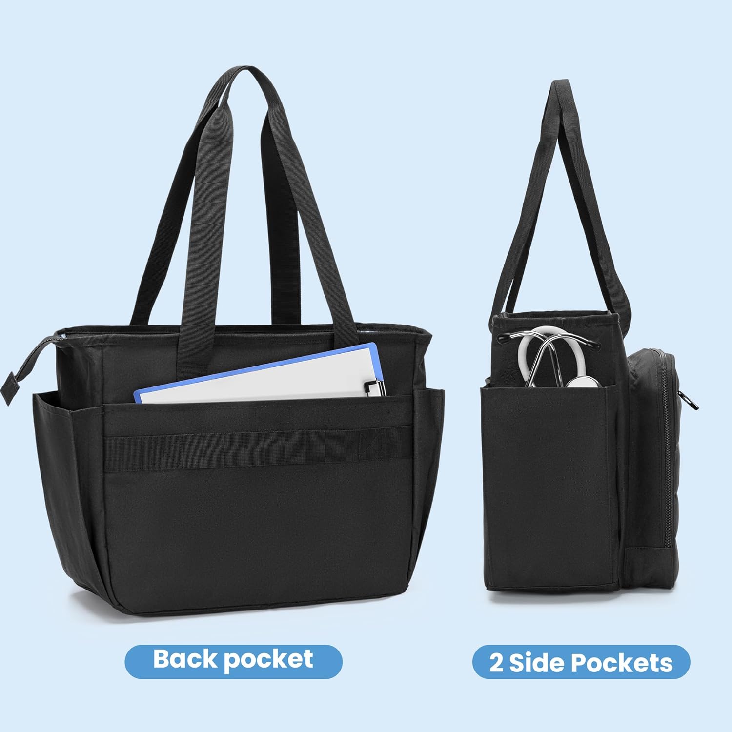 CURMIO Nurse Tote Bag for Women, Portable Medical Supplies Shoulder Bag with A4 Size Accordion File Organizer Compartment and 15.6” Laptop Sleeve for Nursing Work, Home Health, Black(Patent Pending)
