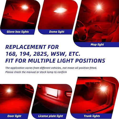 Miniatura 3 de AUTOONE Bombilla LED de 194 color rojo, T10 168 2825 W5W bombillas LED para matrícula, mapa, luces interiores de coche, paquete de 2