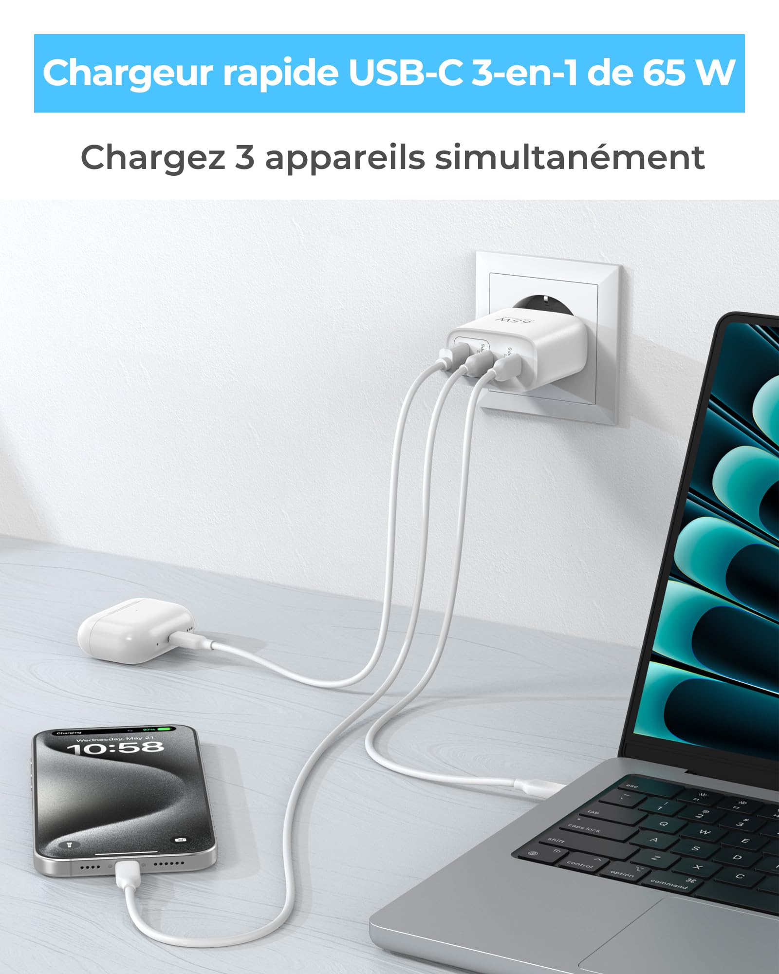 TOPADRE Chargeur USB C 65W, 3-Ports Prise USB C Rapide PD3.0 avec 60W Câble | Chargeur USB C pour iPhone 17 16 15 14 Pro Max, pour MacBook M4 M3, pour Galaxy S25 S24 S23, pour Pixel 10/9. iPad Air, Blanc