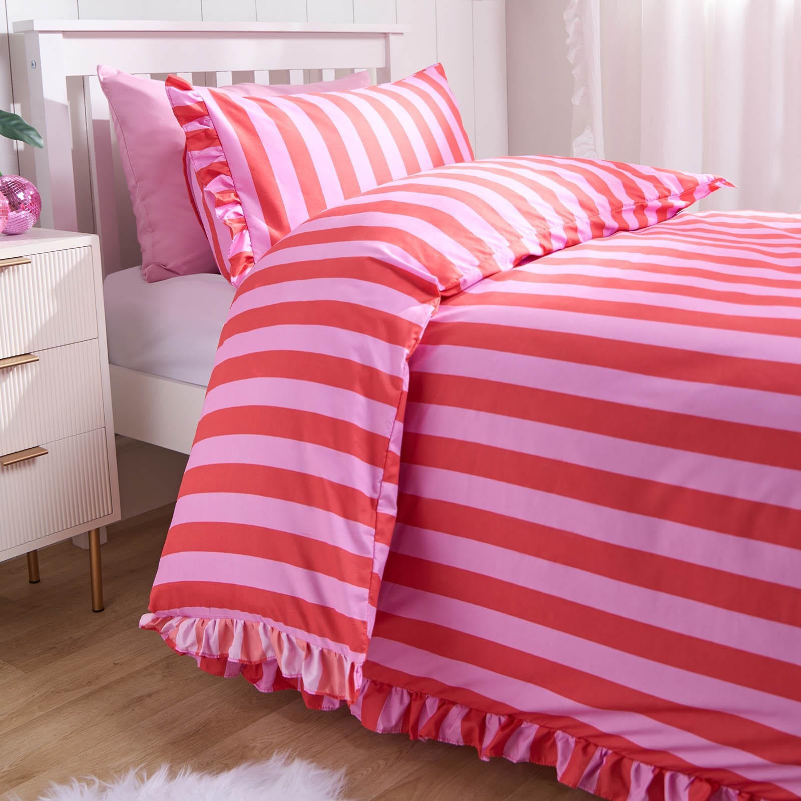 OHS Frill Duvet Cover Bedding Set Pillowcase Stripe Quilt LuxuryPinkSingle from B&Q