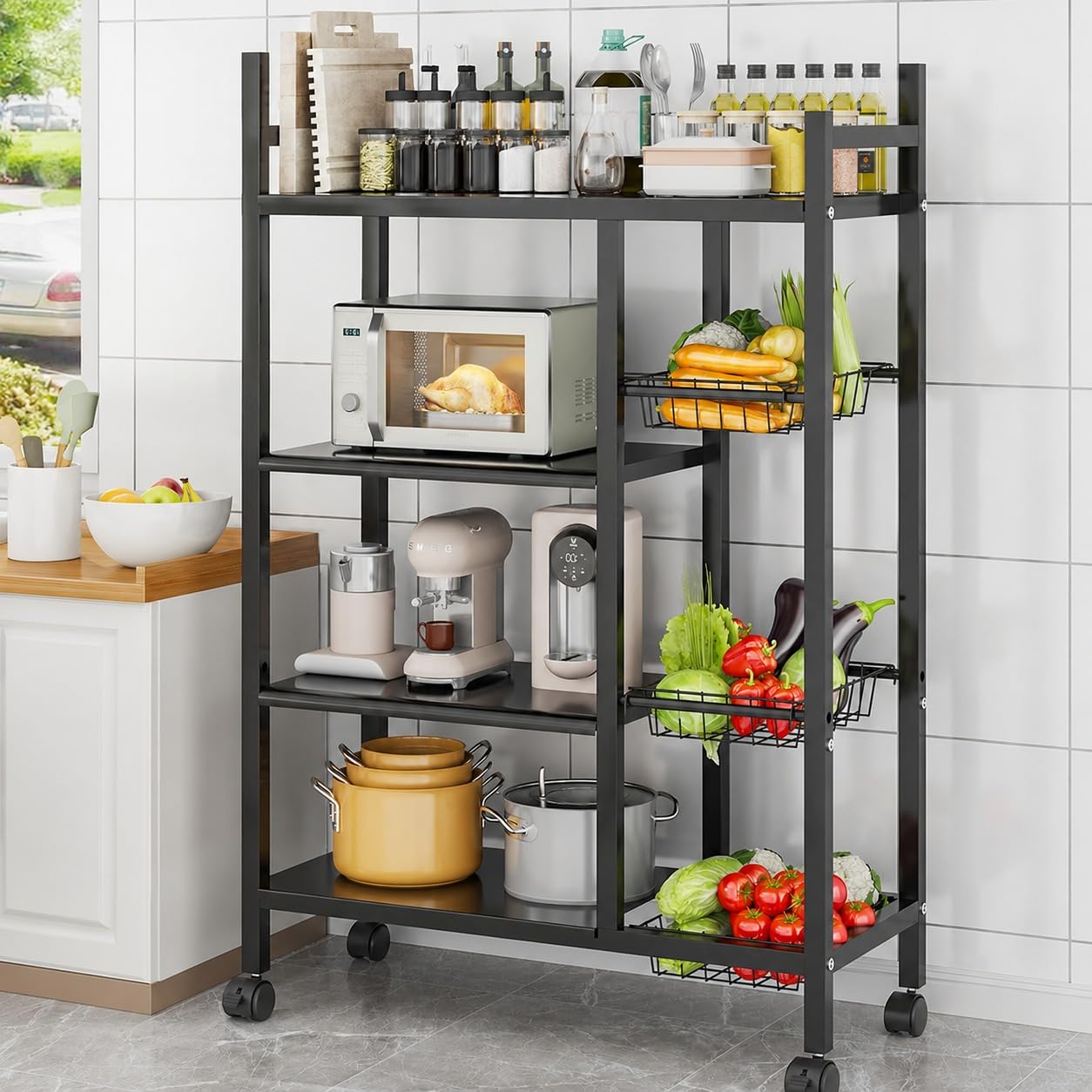 4-Tier Metal Kitchen Storage Rack with Lockable Wheels Trolley Storage Cart for Kitchen Organizer with Removable 4 Mesh Baskets Floor Mount Corner Storage Shelf-image-38