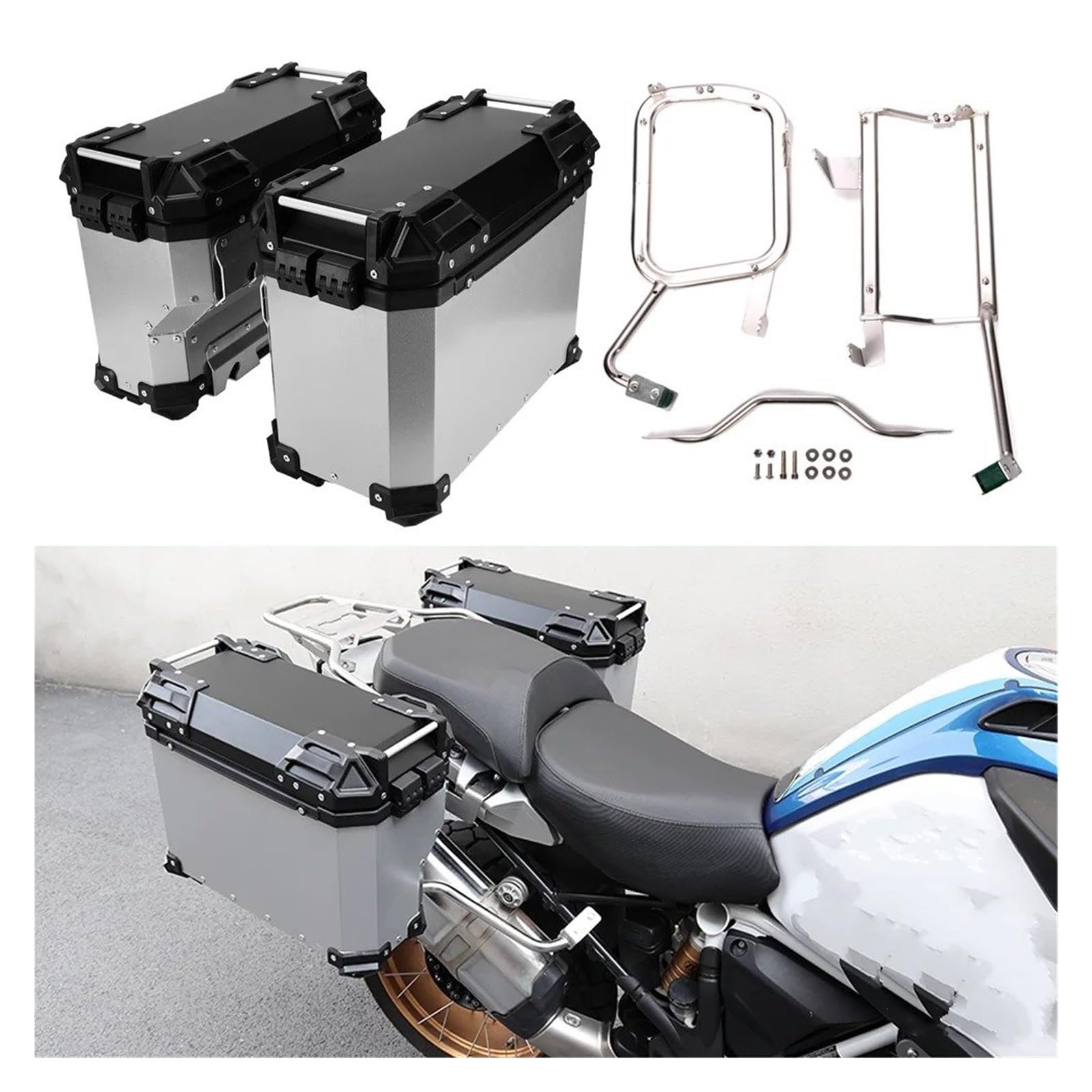 Gepäckhalterung Sattelbox Mit Großer Kapazität Für R 1200 GS R1250GS ADV Für Abenteuer Silberne Seitenbox Mit Abschließbarer Halterung Moto-Teile Motorrad Gepäckträger(Panniers and Bracket)