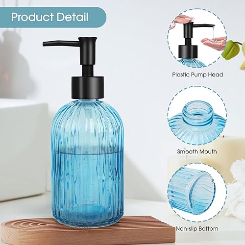 Miniatura 4 de Paquete de 2 dispensadores de jabón de vidrio a rayas con bomba de plástico negro, dispensador de jabón líquido de manos de 13.5 fl oz, bomba a