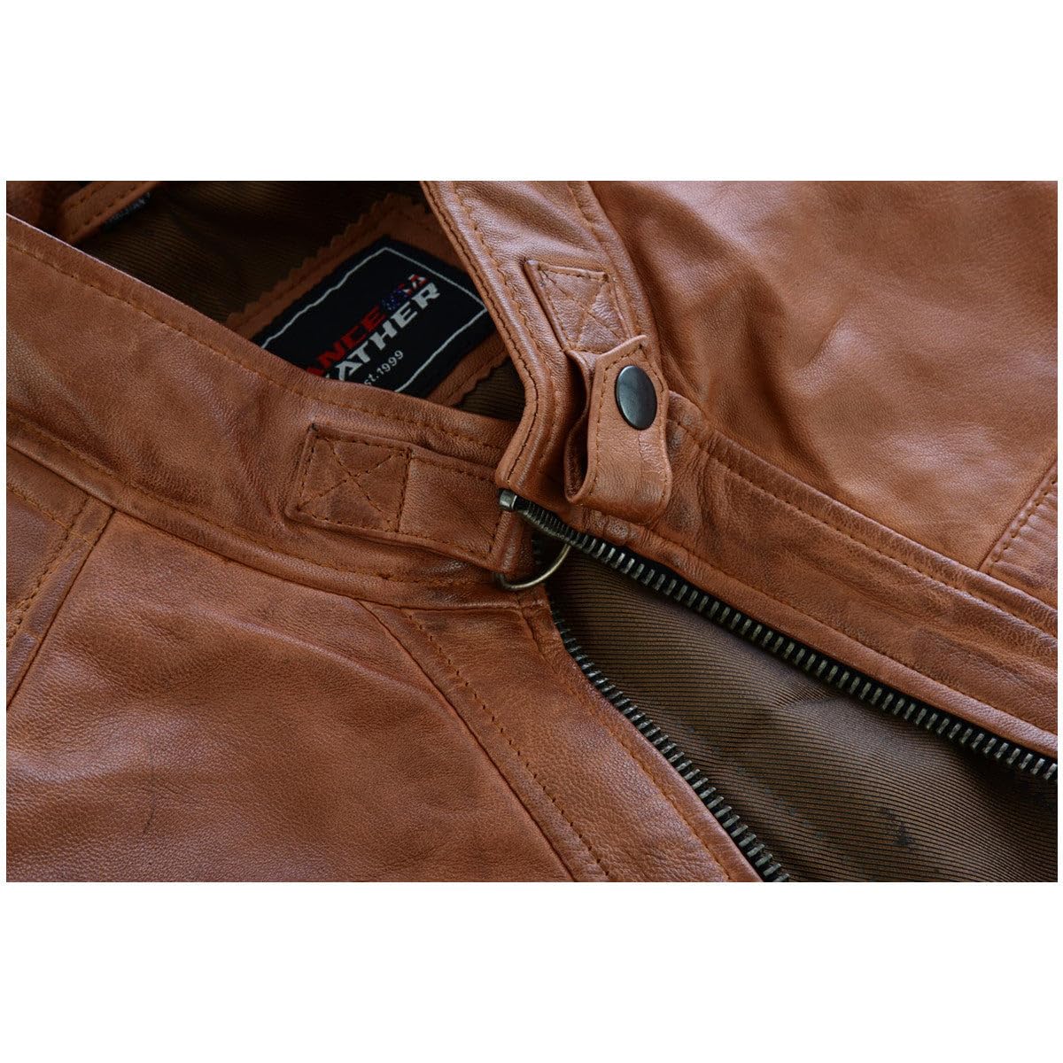 Vance Leather Mens Cafe Racer Waxed Lambskin Austin Brown Motorcycle Leather Jacket — view 2