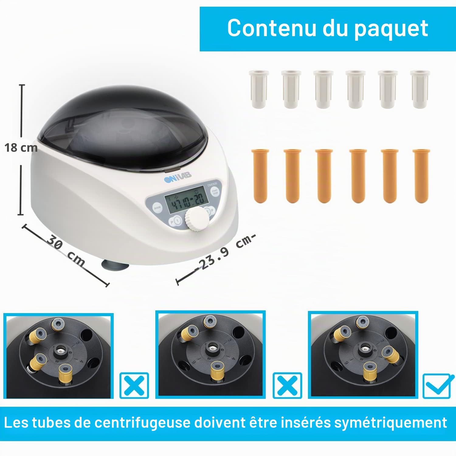 ONiLABCentrifugeuse de paillasse Lab PRP 6x15 ml/10 ml/7 ml/1,5-5 ml, 300-5000 tr/min (max. 2600 x g RCF), centrifugeuse de paillasse numérique à écran LCD avec minuterie 30 s-99 min, deux programmes