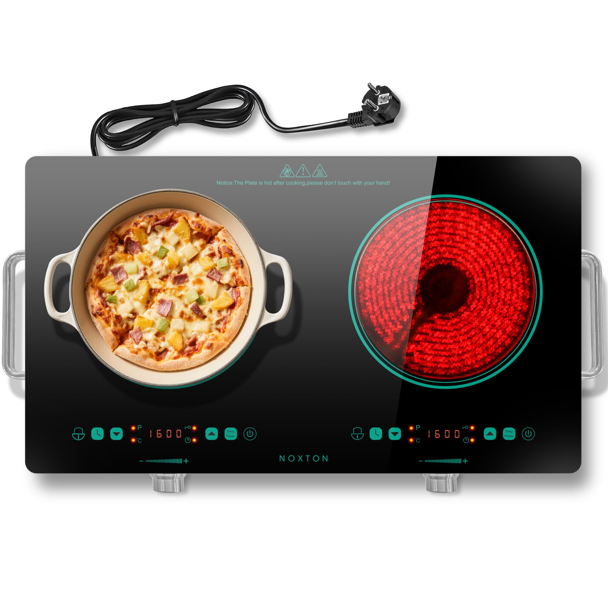 Placa Vitrocerámica Portátil, 2 Fuegos, con Mango y Enchufe,Control Táctil | NOXTON 30 cm, Césped Borde Verde, control táctil y por mando, temporizador, bloqueo para niños, 3200W, 9 niveles de potencia