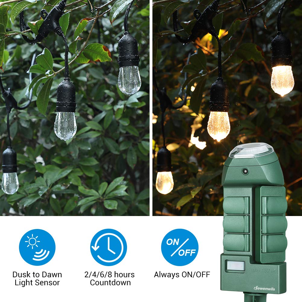 DEWENWILS Outdoor Power Strip Timer with Photocell and Extension Cord Safety Cover