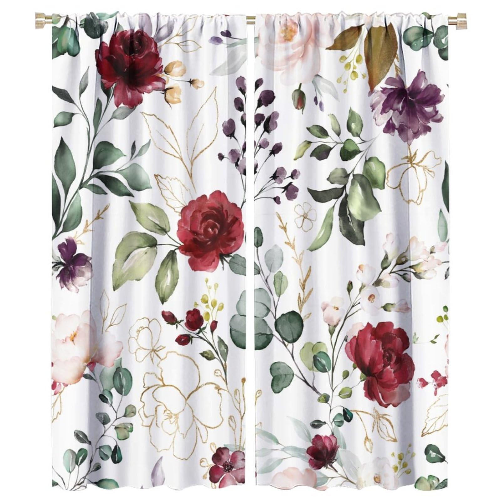 BenYaSong Floral Blackout Window Curtain Burgundy Flowers Plant Leaves Curtain Botanical Wildflower Green Gold for Home Kitchen Office Coffee Room Window Curtain Drapes 2 Panels 42x54 Inch