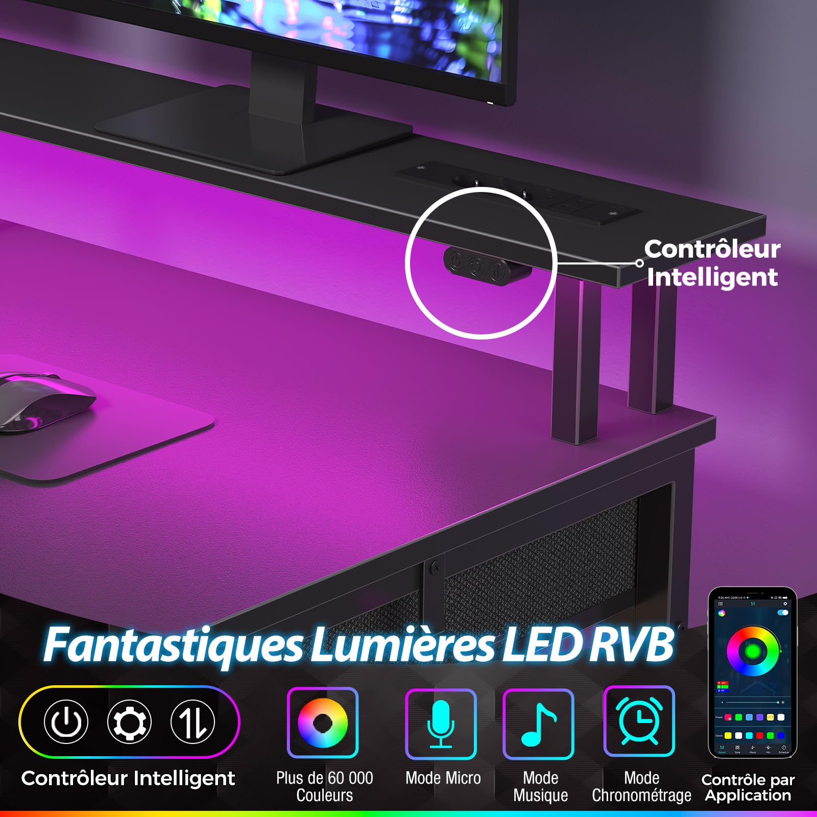 Seventable Bureau Gaming 100 cm avec LED RGB, Prises & Ports USB, Support Écran — Bureau avec Rangement et 5 Tiroirs en Tissu, Bureau Informatique pour Chambre ou Télétravail – Noir