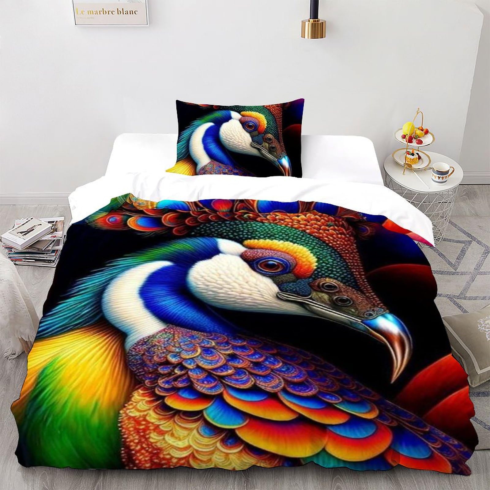 Housse de couette animaux imprimé 3D paon coloré pour décorer une chambre