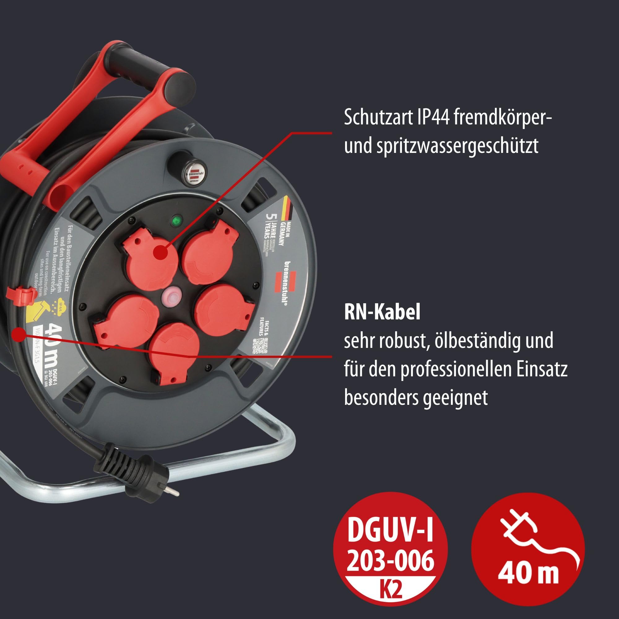 Brennenstuhl Avvolgicavo professionale 300 KU 4100 (cavo da 40 m in nero, in plastica speciale, inserto per cantieri e uso costante in esterni, Made in Germany)
