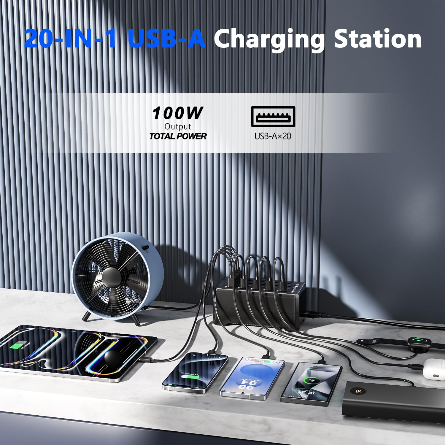 Wielokrotna ładowarka USB, 20-portowy zasilacz hub USB A do komputera stacjonarnego,wielokrotna ładowarka o mocy 100W, kompatybilna z iPhone 14/15/16/Samsung galaxy S23/S24/S25/Google Pixel/Tablety