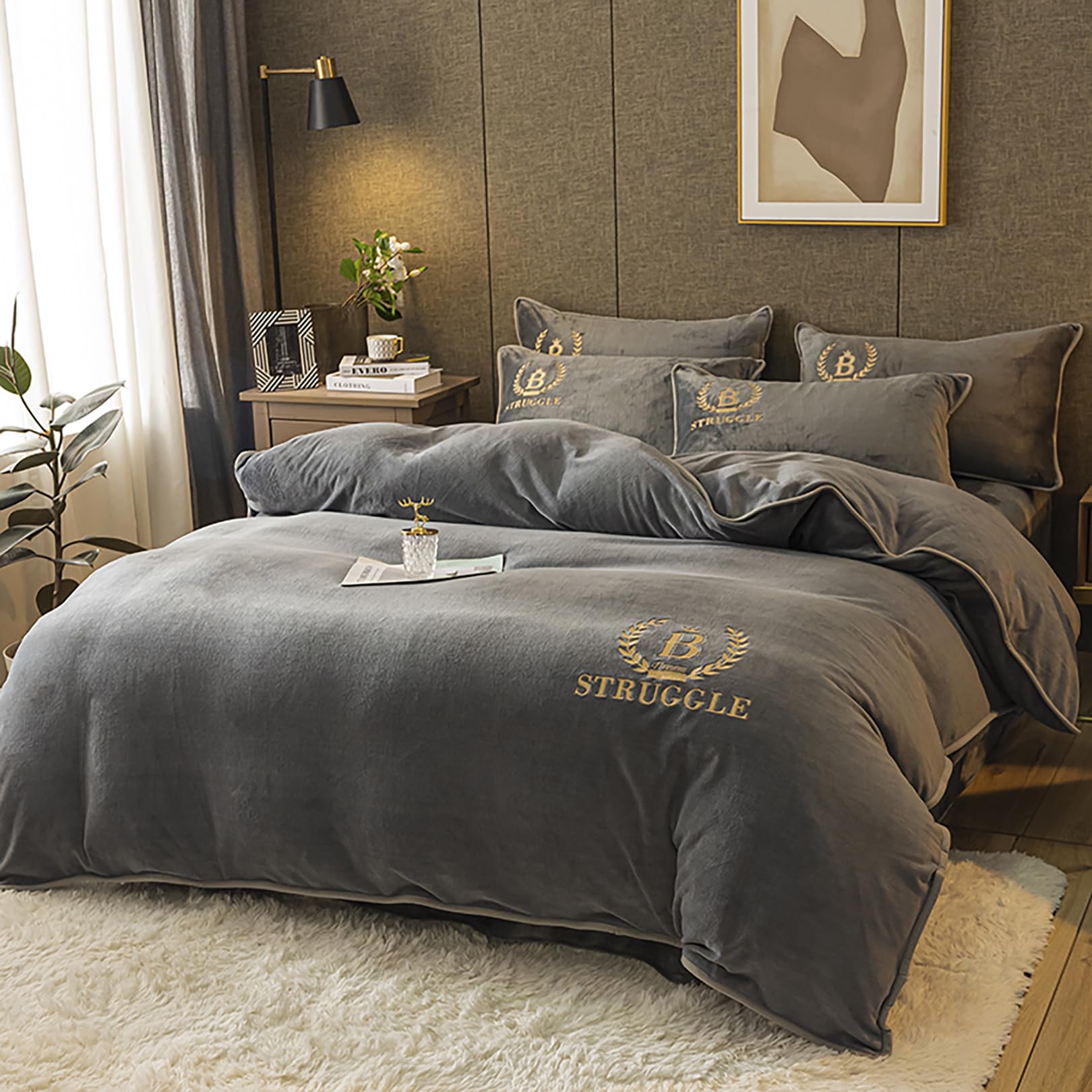 ALEjon "Acogedor Juego de Cama de Franela de Invierno - Tamaño Doble, Cierre de Cremallera, Tono Gris - Funda nórdica de 3 Piezas con 2 Fundas de Almohada - 220x240cm y 50x75cm