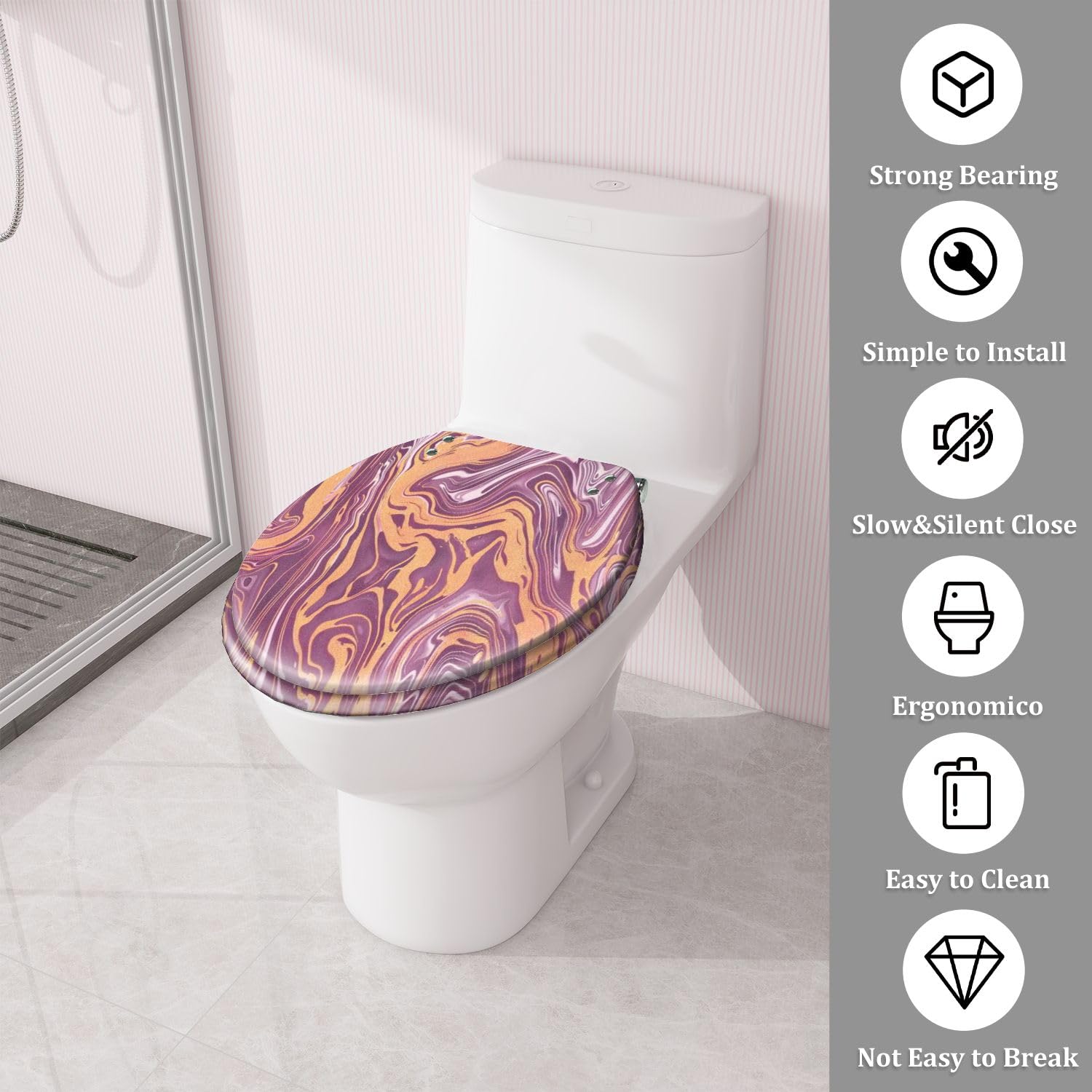 Sedile WC Rotondo Decorativo In Resina con Chiusura Silenziosa E Sgancio Rapido, Texture Astratta Effetto Marmo E Legno Senza Giunture, Facile Da Installare con Copriwater.
