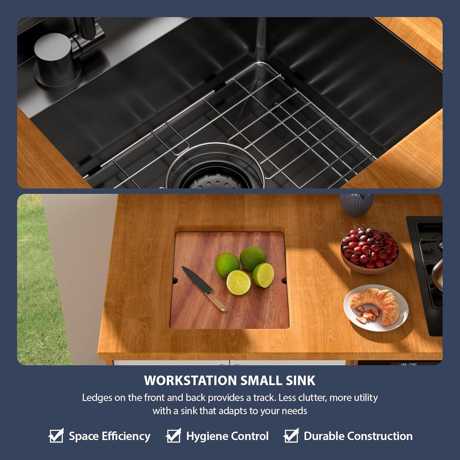 13 Inch Outdoor Undermount Bar Sink With Faucet and Cover - Beslend 13x15x9 Undermount Kitchen Sink Workstation 16 Gauge Stainless Steel Single Bowl Sinks Under Counter Indoor Outdoor Black