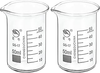PATIKIL 50ml Tall Form Glass Beaker, 2 Pack 3.3 Borosilicate Glass Graduated Printed Scale Measuring Cups with Spout for Kitchen Lab Liquids Transit Boiling