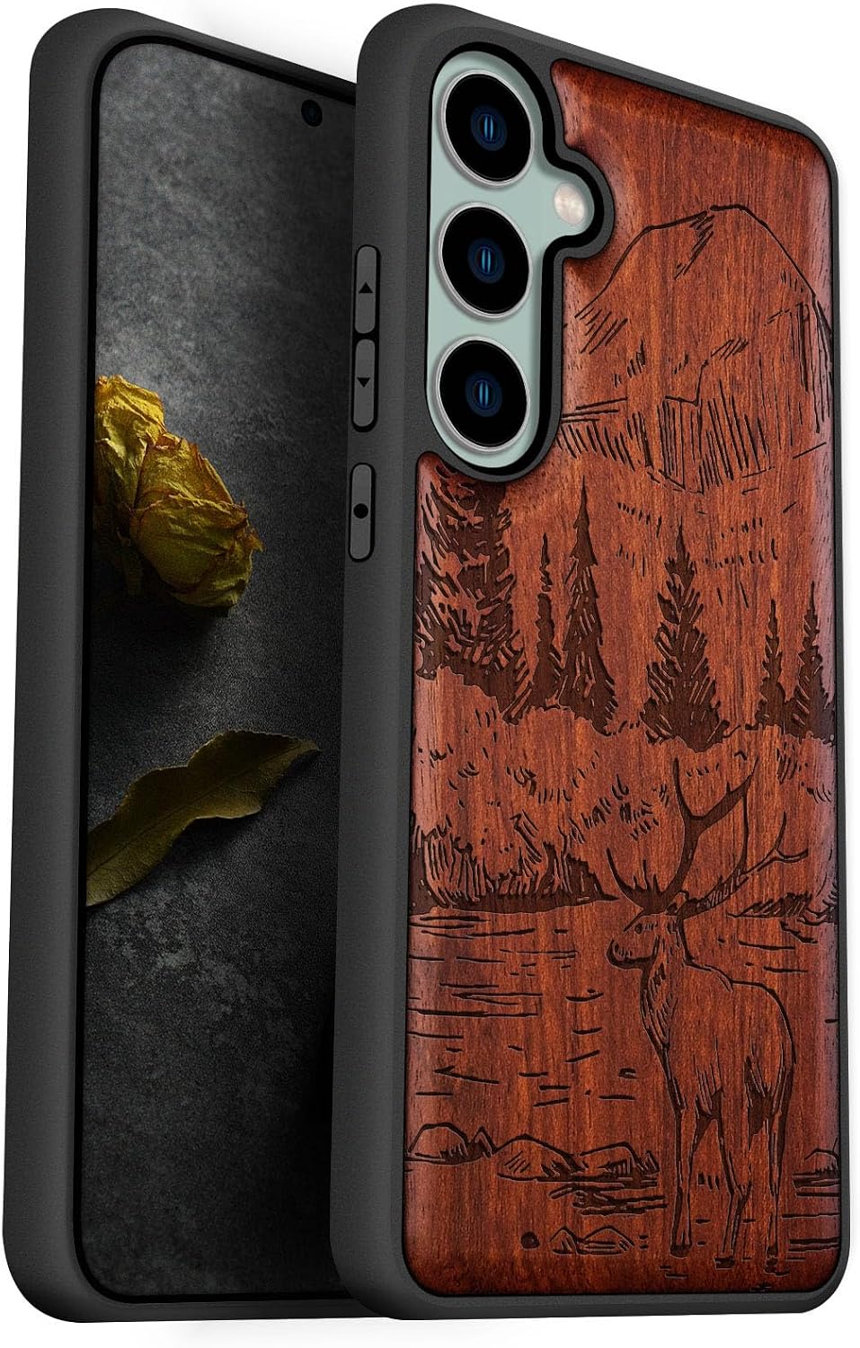 Carveit Wood Case for Galaxy S23 FE Case [Natural Wood & Black Soft TPU] Shockproof Protective Cover Unique Wooden Design Compatible with S23 FE (Mountains and Deer-Rosy)