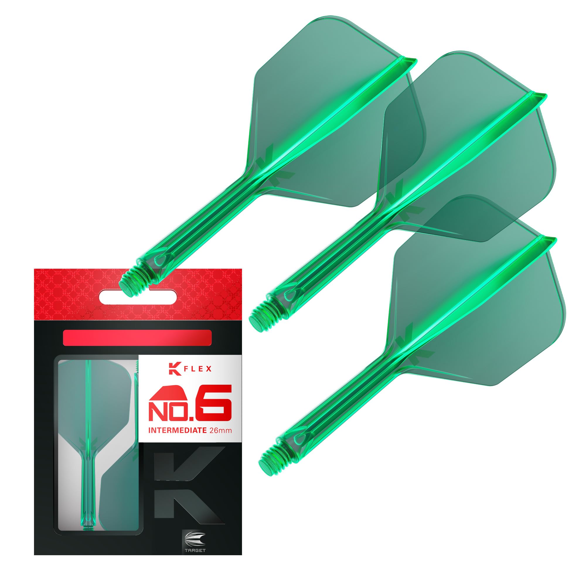 Target Darts K-Flex Integrated Flights and Shafts, Green, Intermediate Stem (26mm), No.6 Flight, Set of 3 Stems