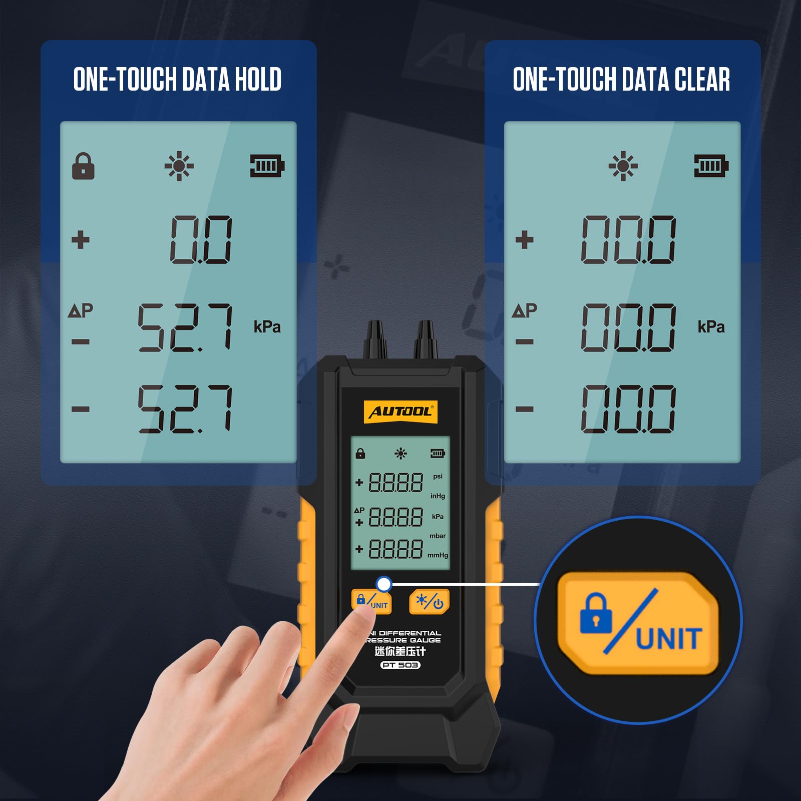 AUTOOL Manomètre de Pression de Gaz, PT503 Manomètre de Digital Numérique Manomètre Différentiel HVAC, ±0.5% FSO Précision, 101Kpa~200Kpa, écran LCD Rétroéclairé