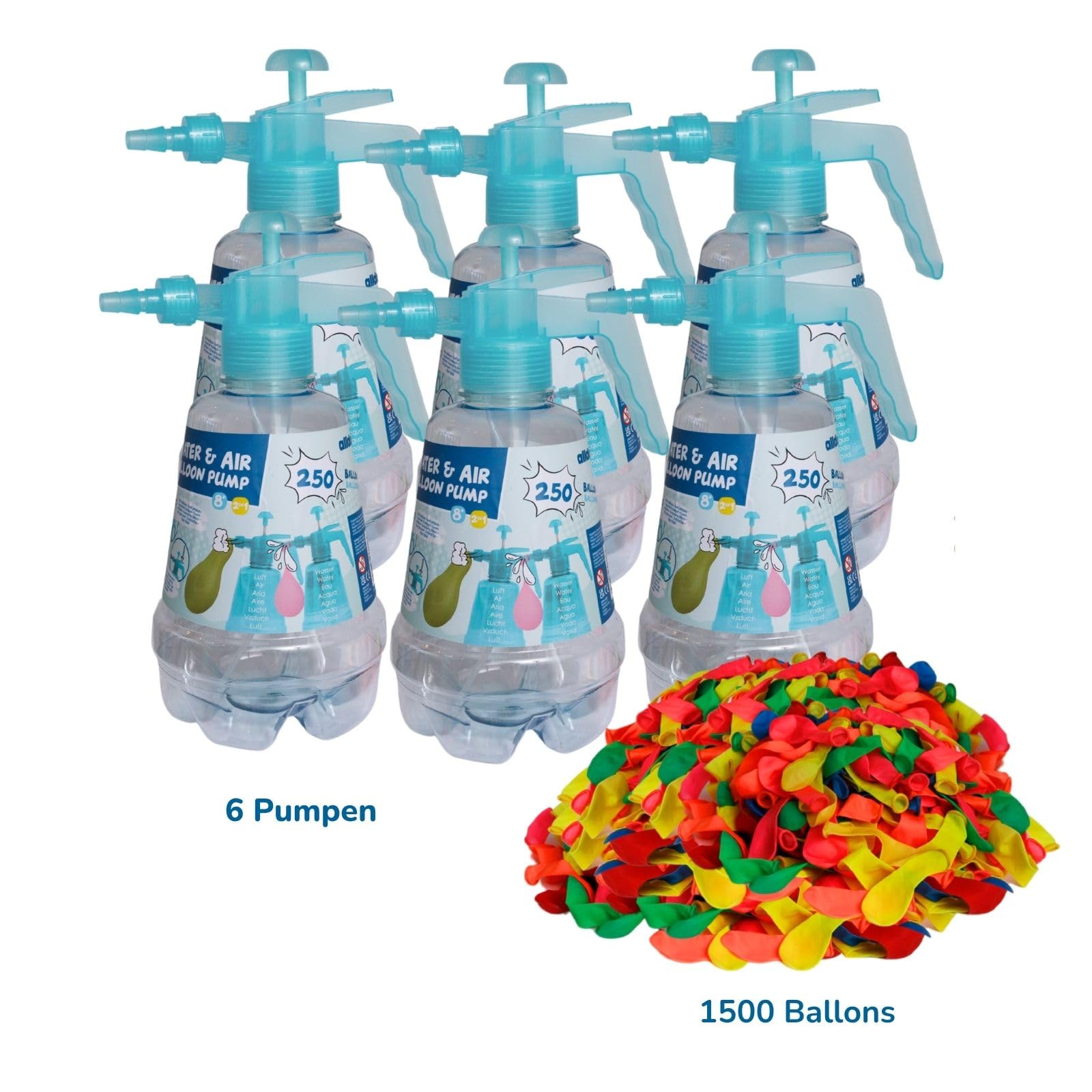 alldoro Ballonpumpe mit Wasserbomben 6er Set, inkl. 1500 Ballons | Partyspielzeug, 2in1 für Wasser & Luft, 6 Wasserbombenpumpen je 1,5L + 1.500 bunte Ballons, für Kinder ab 8 Jahre