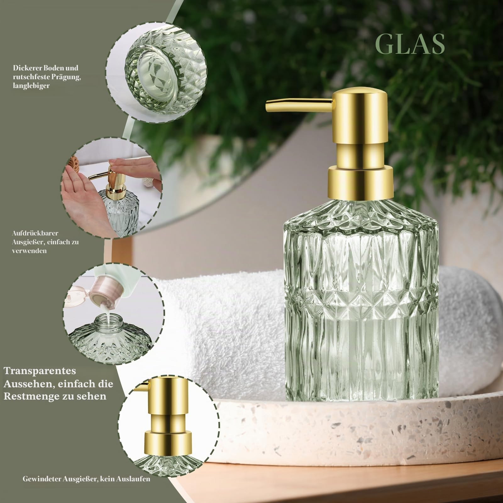 5-teiliges Badezimmer-Set aus Glas, Stilvolle Badezimmer-Deko mit Seifenspender, Zahnbürstenhalter, Wattepad-Halter, Becher, Seifenschale für Waschtisch, Badezimmer(Grün)