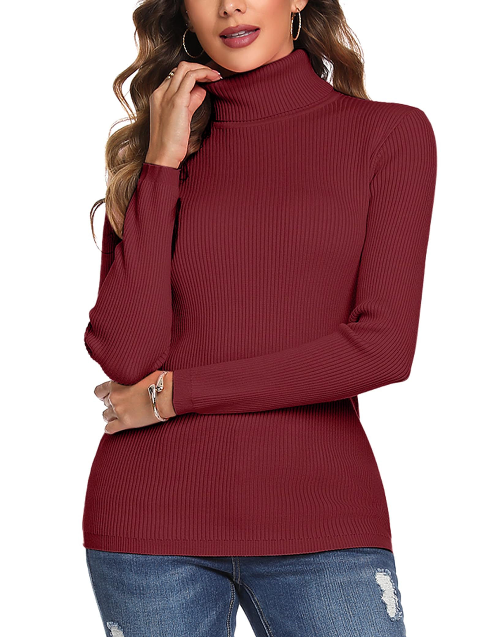 Aottori Jumpers for Women UK Turtle Neck Sweater Tops Ladies Long Sleeve Knitted Jumper Solid Winter Warm Pullover Tunic Wine Red XXL